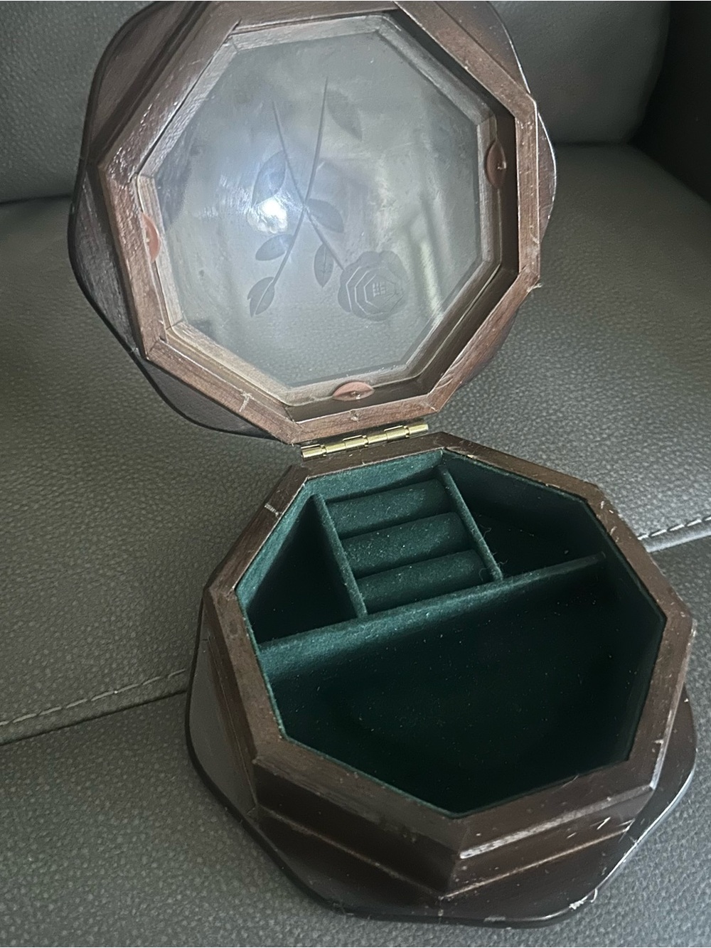 Octagonal Dark Brown Wood Jewelry Box with Etched Rose Glass